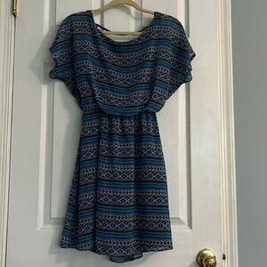 Lush Blue Printed Backless Dress- Like New
